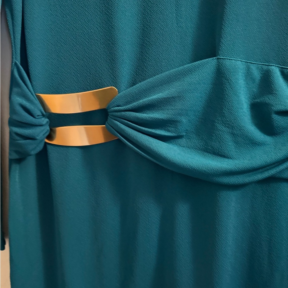 Like New Donna Karan Teal Long Midi Dress with Gold Waist Detail - Size Medium - Picture 4 of 5